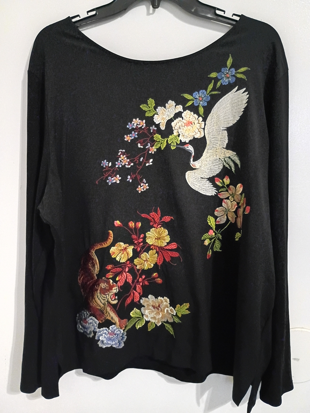 Rara Avis Black Embroidered Crane & Tiger Floral Long Sleeve Top Sz 1X